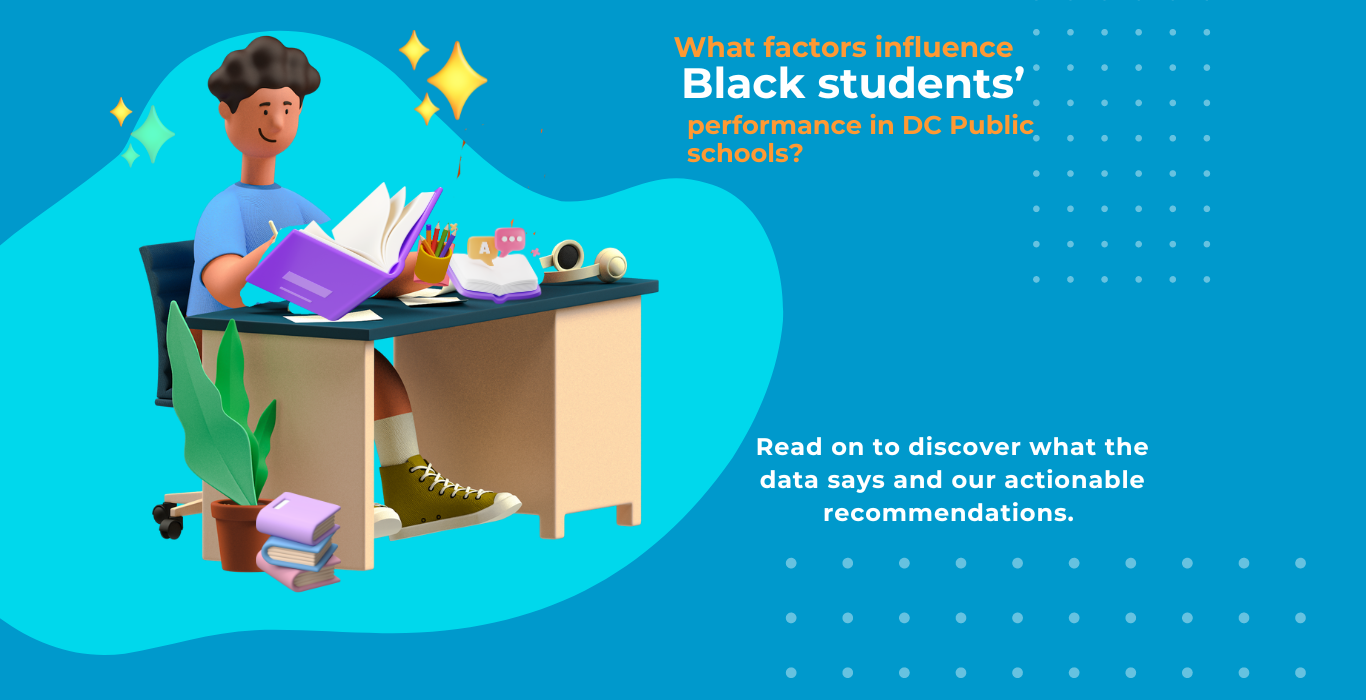 Illustration of a student at a desk with books. Text on image explores the performance gap affecting Black students in DC Public Schools, offering data insights and recommendations for improvement. - Medici Road
